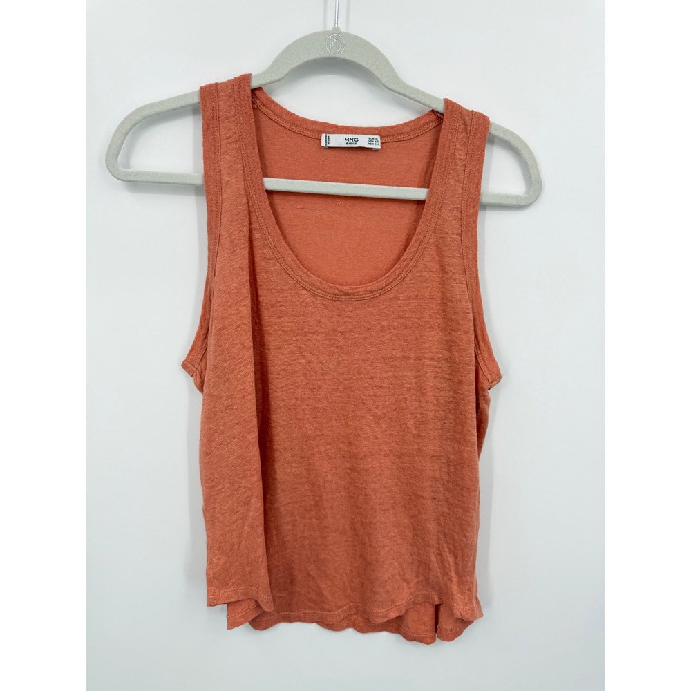 Mango MNG Basics Tank Top Women XS Orange Sleeveless Scoop Neck linen Slub Knit
